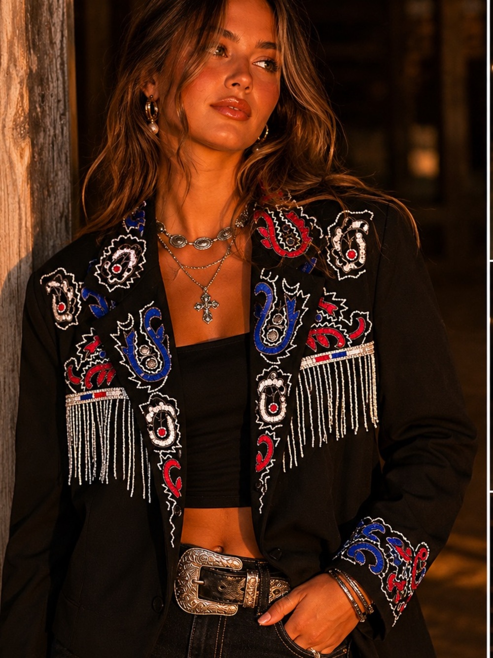 Vintage Just Fabulous Beaded Fringe Cropped Jacket Black Western Boho